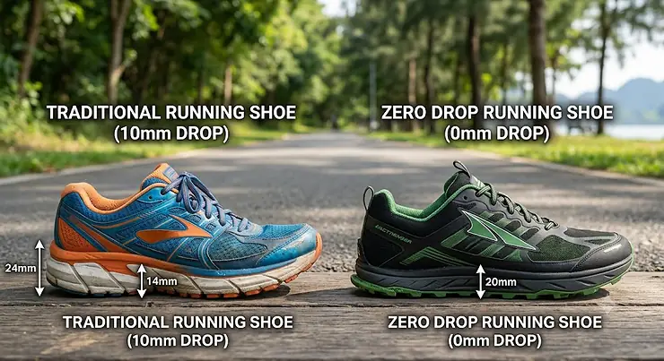 Side-by-side illustration comparing zero drop running shoes for men with a traditional heel-lifted running shoe design.