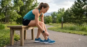 An athletic woman tying the laces of her motion control running shoes before a workout.