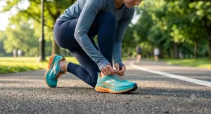 A female runner in athletic wear tying the laces of her plush max cushion running shoes before a workout