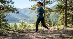 An athlete wearing comfortable thick-soled running shoes optimized for women with bad knees.