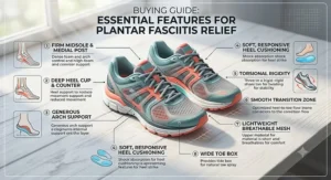 Infographic listing key features to choose the best stability running shoes for women suffering from plantar fasciitis heel pain.