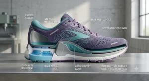 Cross section diagram of a women's stability running shoe highlighting thick heel cushioning, dense medial post, and arch support layers.