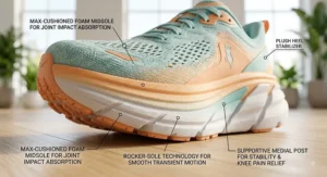Detailed graphic highlighting the thick foam midsole of women's cushioned sneakers for runners suffering from knee pain.