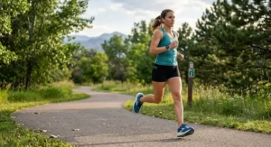 A female runner wearing supportive motion control sneakers on an outdoor asphalt path.