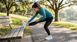 A female runner stretching her hamstrings while wearing max cushion sneakers for joint protection.