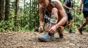 A female runner tying the laces of her ultra marathon running shoes before a long-distance trail race.