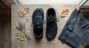 Top-down view of two stylish minimalist running shoes for women arranged neatly on a wooden background.