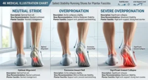 Foot pronation chart illustrating neutral stride, overpronation, and severe overpronation to help women select stability running shoes for plantar fasciitis.