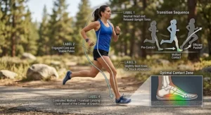 Illustration explaining proper midfoot landing posture when training in women's minimalist running shoes.