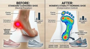 Pressure map diagram showing heel impact force reduction before and after using stability running shoes for women with plantar fasciitis.