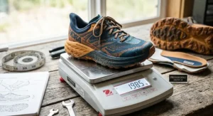 A woman's ultra marathon running shoe being weighed on a scale to demonstrate its lightweight design.