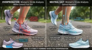 Visual comparison showing inward foot roll in women overpronation versus neutral gait alignment