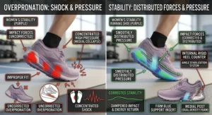 Diagram illustrating shock absorption and pressure distribution in women's stability running shoes