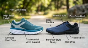 Side-by-side visual comparison between standard cushioned sneakers and minimalist zero-drop running shoes for women.