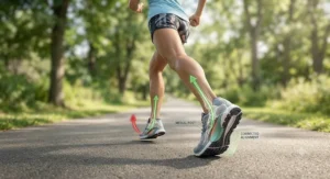 Illustration of a female runner showing proper foot alignment and overpronation correction with women's stability running shoes.