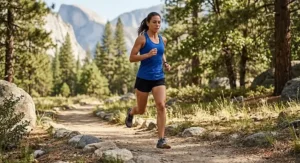 Female runner jogging along a scenic dirt trail wearing durable minimalist running shoes designed for women.
