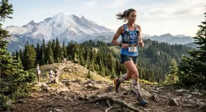 An athlete wearing women's ultra marathon running shoes while training on a scenic mountain path.
