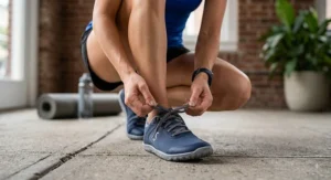 Close-up illustration of a female athlete tying the laces of her lightweight minimalist running shoes before a workout.