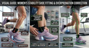 Visual guide demonstrating proper fit and alignment when selecting women's stability running shoes