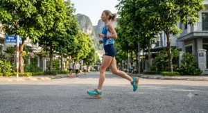 A female jogger wearing lightweight, heavily cushioned running shoes during a morning neighborhood run