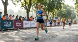An American female athlete running a long-distance marathon route in vibrant max cushion running shoes