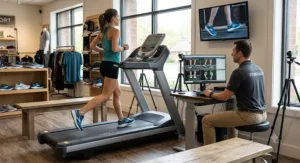 A woman with flat feet undergoing a treadmill gait analysis to fit motion control running shoes.