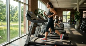 A woman jogging on a treadmill wearing high stack height running shoes engineered for joint pain relief.