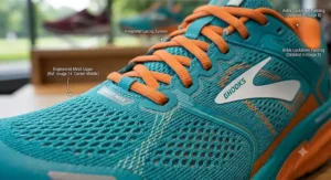 Detailed view of the engineered mesh upper on a pair of comfortable max cushion running shoes for women