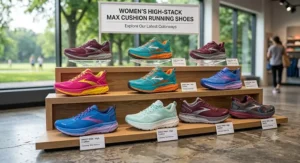 A colorful display of the latest styles and colorways for women's high-stack max cushion running shoes