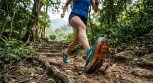 A woman navigating a dirt trail in rugged, extra-cushioned running shoes designed for impact protection