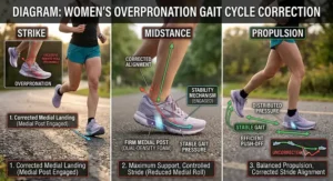Illustration of a female runner's stride showing corrected alignment with stability running shoes