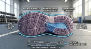 Illustration of the wide platform outsole on women's running shoes providing grounded support