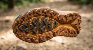 The durable rubber outsole and deep lug pattern of a woman's ultra marathon running shoe showing traction design.