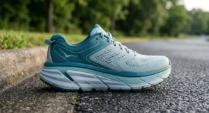 Side angle of women's shock absorbing road running shoes designed to reduce impact on joints and knees.