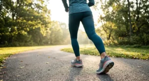 Rear view of a female runner wearing stability cushioned running shoes to correct overpronation and alleviate knee strain.