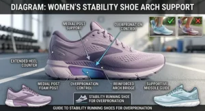 Diagram detailing medial post arch support in women's stability running shoes for overpronation control