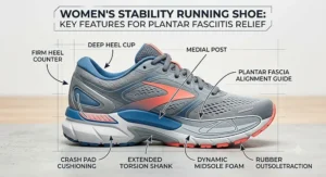 Diagram pointing out the firm heel counter, deep heel cup, and medial post in stability running shoes for women with plantar fasciitis.