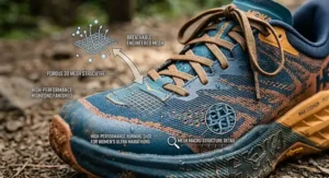 Diagram highlighting the breathable mesh upper material on high-performance running shoes for women's ultra marathons.