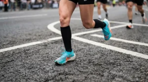 Aerial view of a runner's stride wearing high-speed racing flats for marathon racing