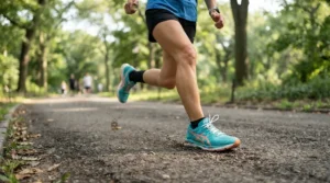 Beginner friendly carbon sneakers worn by a jogger on a paved city path