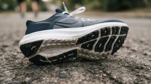 Close-up of carbon plated running shoes for beginners showing the thick foam midsole