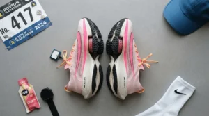 Top-down view of breathable mesh racing flats for 5k summer racing