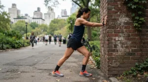 Novice runner wearing carbon plate racing shoes for beginners stretching before a workout