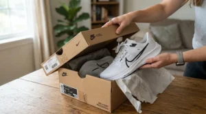 Unboxing new carbon plate running footwear for beginners from a cardboard delivery box