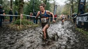 Runner tackling cross country spikes through thick autumn mud during a collegiate race