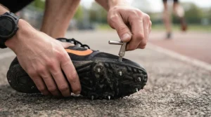 Hands using a wrench to change metal pins on a pair of cross country spikes