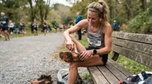 High school runner cleaning mud off their cross country spikes after the finish line