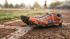 Close-up of cross country spikes planted on the starting line before a championship meet