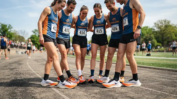 XC team putting their shoes together in a huddle wearing bright cross country spikes