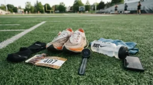Distance runner track gear including lightweight distance spikes for 5000m laid on grass